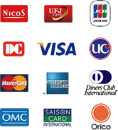 NIOS、UFJ、JCB、DC、VISA、UC、MasterCard、AMERICAN EXPRESS、DinersClub、OMC、SAISON CARD、Orico